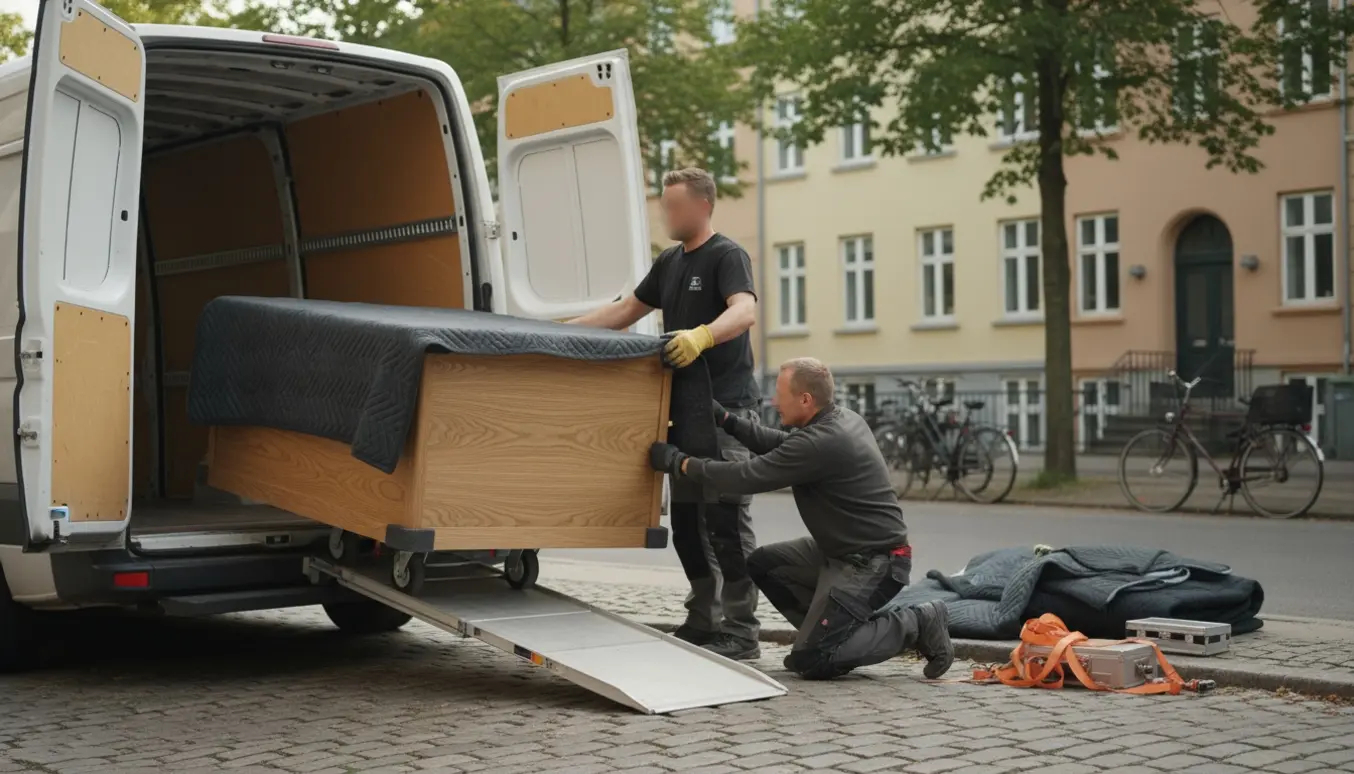 Flyttefolk laster et massivt egetræsskrivebord ind i en hvid varevogn på en rolig Østerbro-gade.