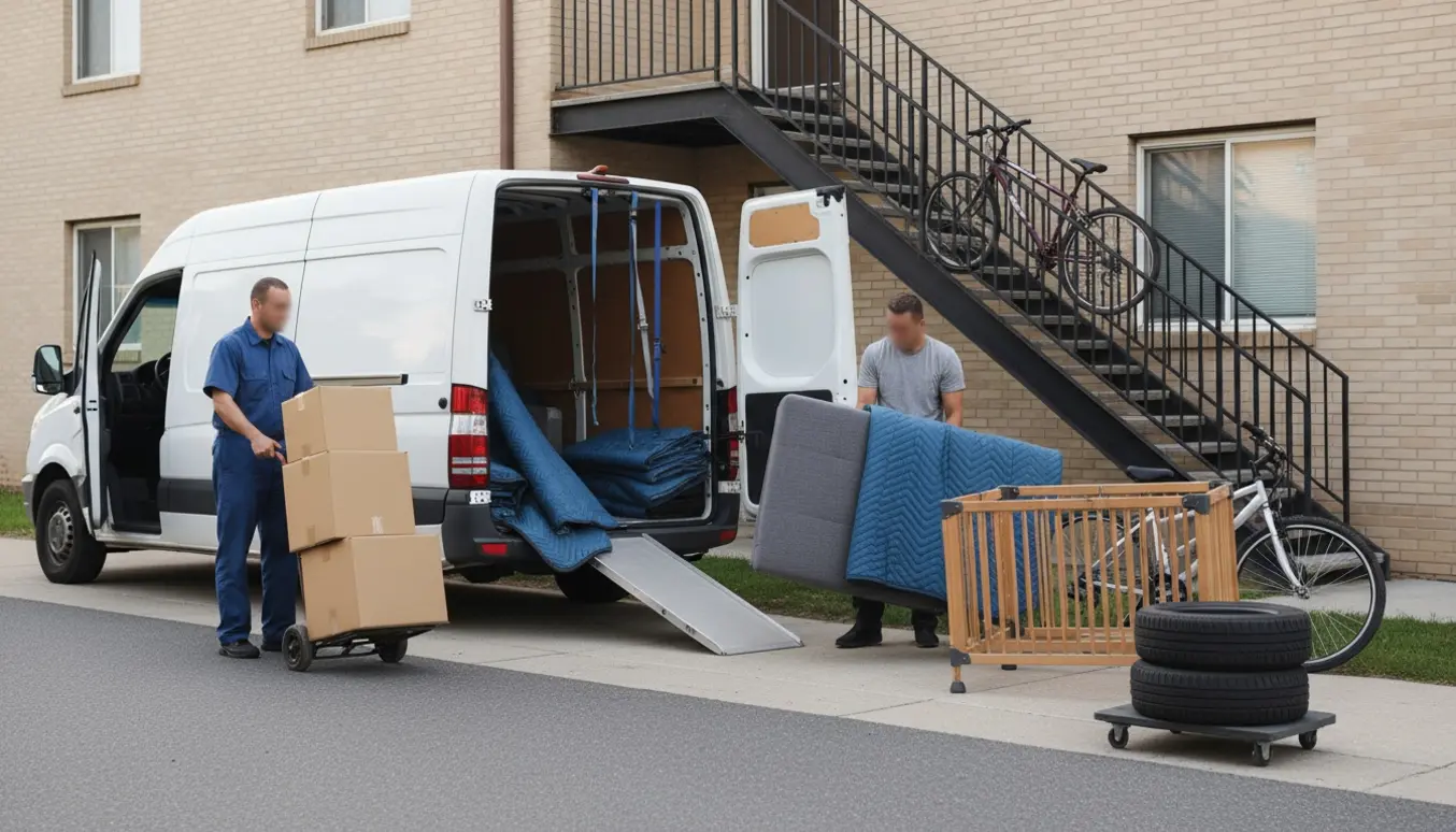 Varevogn ved opgang med flyttekasser, sovesofa, kravlegård, 2 cykler og 4 dæk klar til at blive båret op til 1. sal.