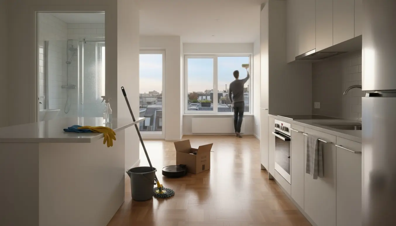 Nyistandsat toværelses lejlighed med rengøringsudstyr på gulvet, skinnende gulve og udsigt fra en høj etage.