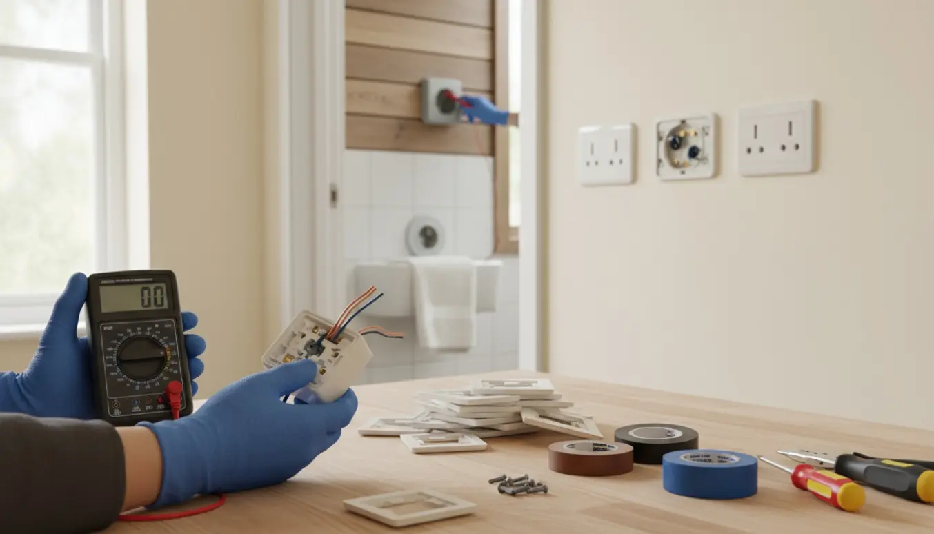 Nærbillede af elektrikerhænders arbejde med åbne stikkontakter indendørs og et udendørsstik, med værktøj på bordet.