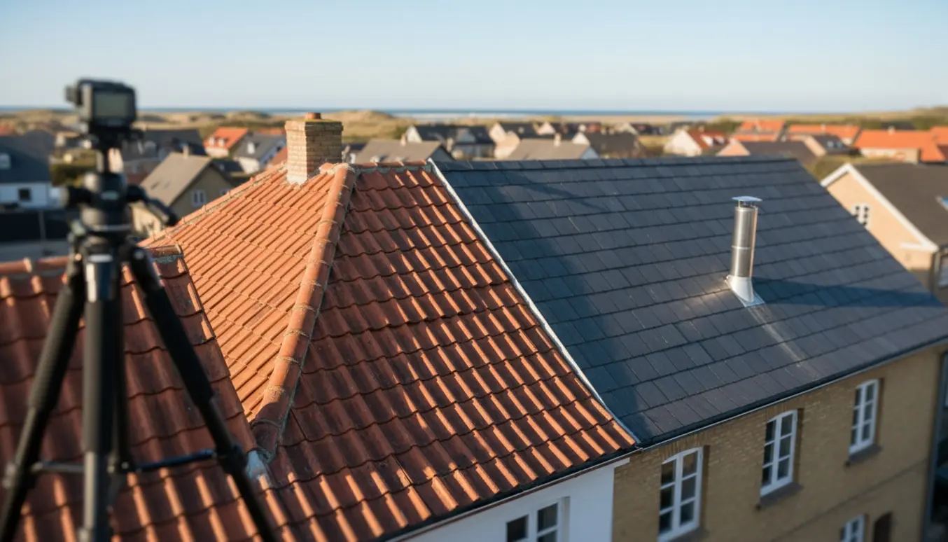 To pæne, tørre hustage i Nordjylland fotograferet fra oven med et kamera på stativ i forgrunden.