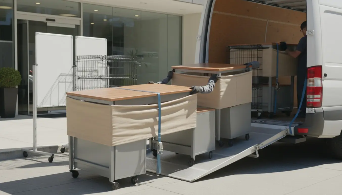 Flyttefolk læsser skriveborde, whiteboards og grå skuffemoduler ind i en varebil ved en lys kontorindgang.
