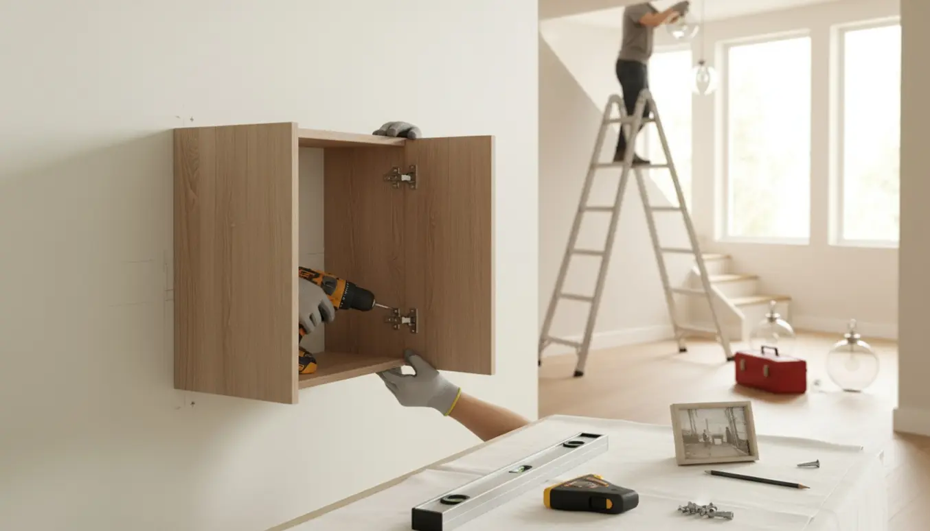 Delvist monteret vægskab med værktøj og en stige, klar til at hænge lamper og et billede.