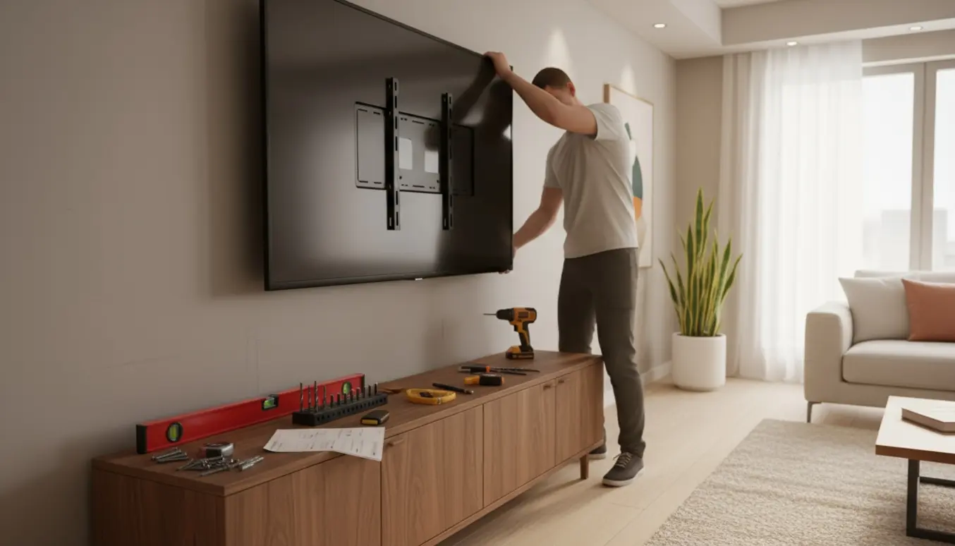 Montering af 65 tommer fladskærm over et moderne tv-møbel med værktøj klart lagt frem.