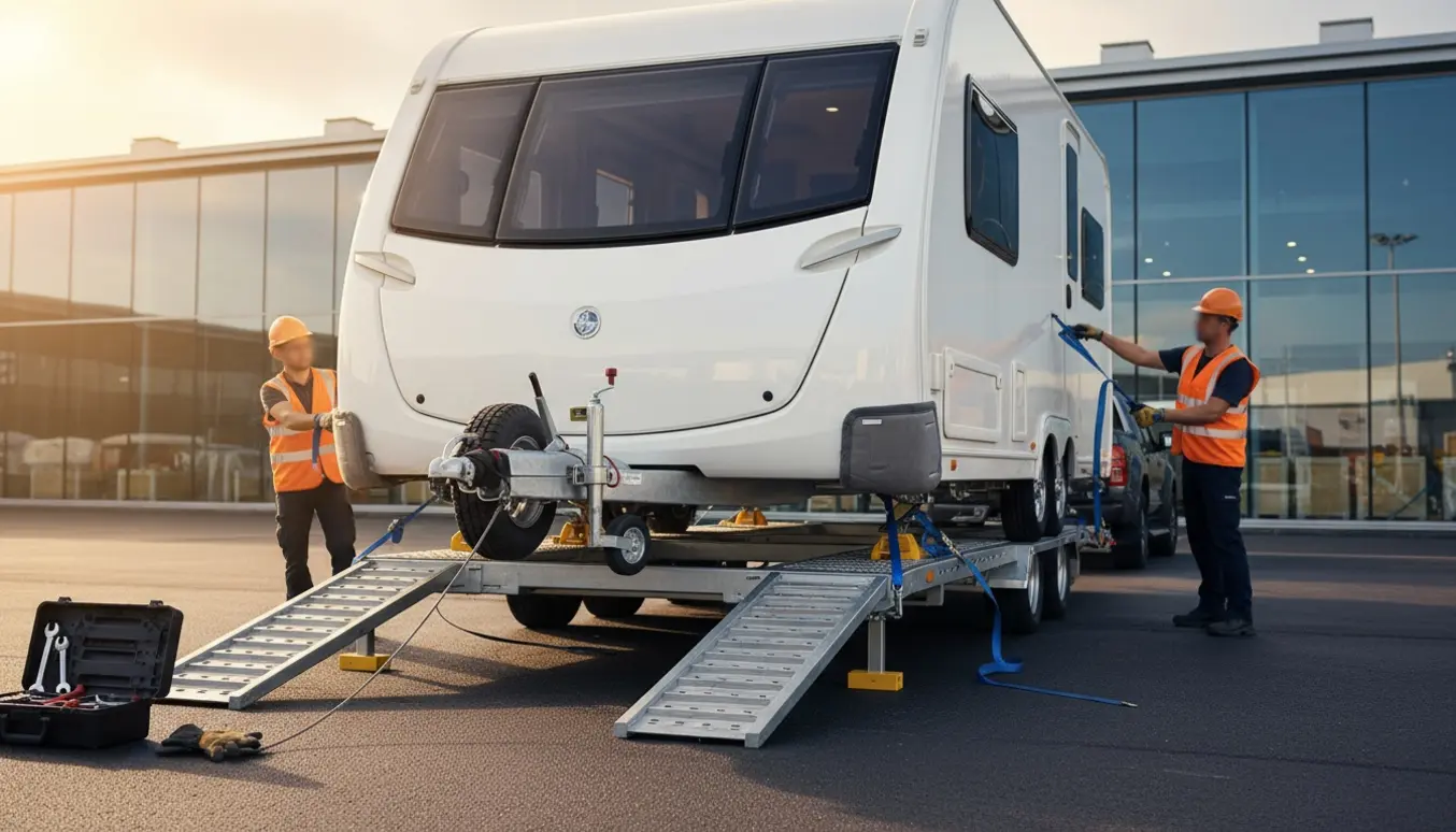 Campingvogn læsses på en lavlæsser ved et moderne messecenter, mens flytteam sikrer den med stropper.
