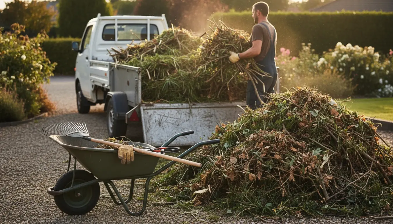 Person læsser haveaffald i trailer ved trillebør og haveredskaber på en indkørsel.