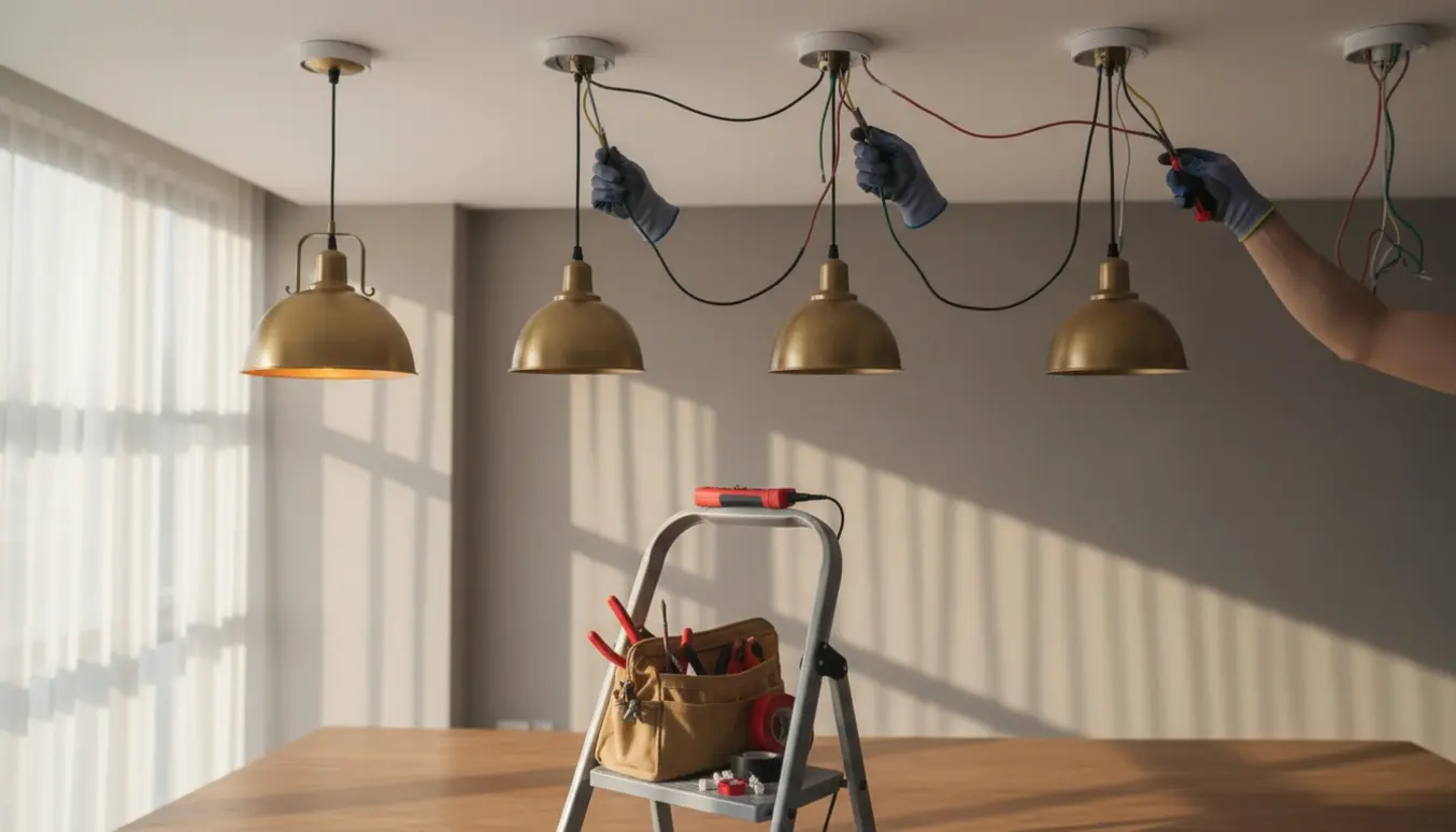 Hænder monterer fem loftslamper på række under loftets stik med værktøj og stige i rummet.