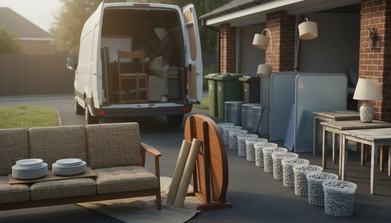 Åben varevogn og indkørsel med forskellige møbler og genstande klar til afhentning, inkl. sofa, rundt bord, lamper og spande med småsten.