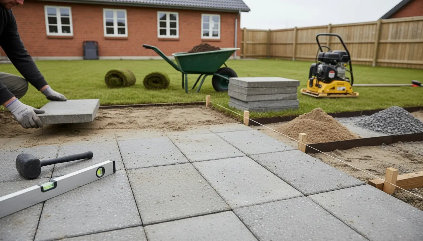 Ny fliseterrasse under anlæg i en nordjysk baghave med værktøj og rullede plærestykker.