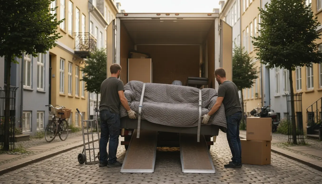 En sofa læsses ombord på en flyttevogn på en stille københavnsk gade.