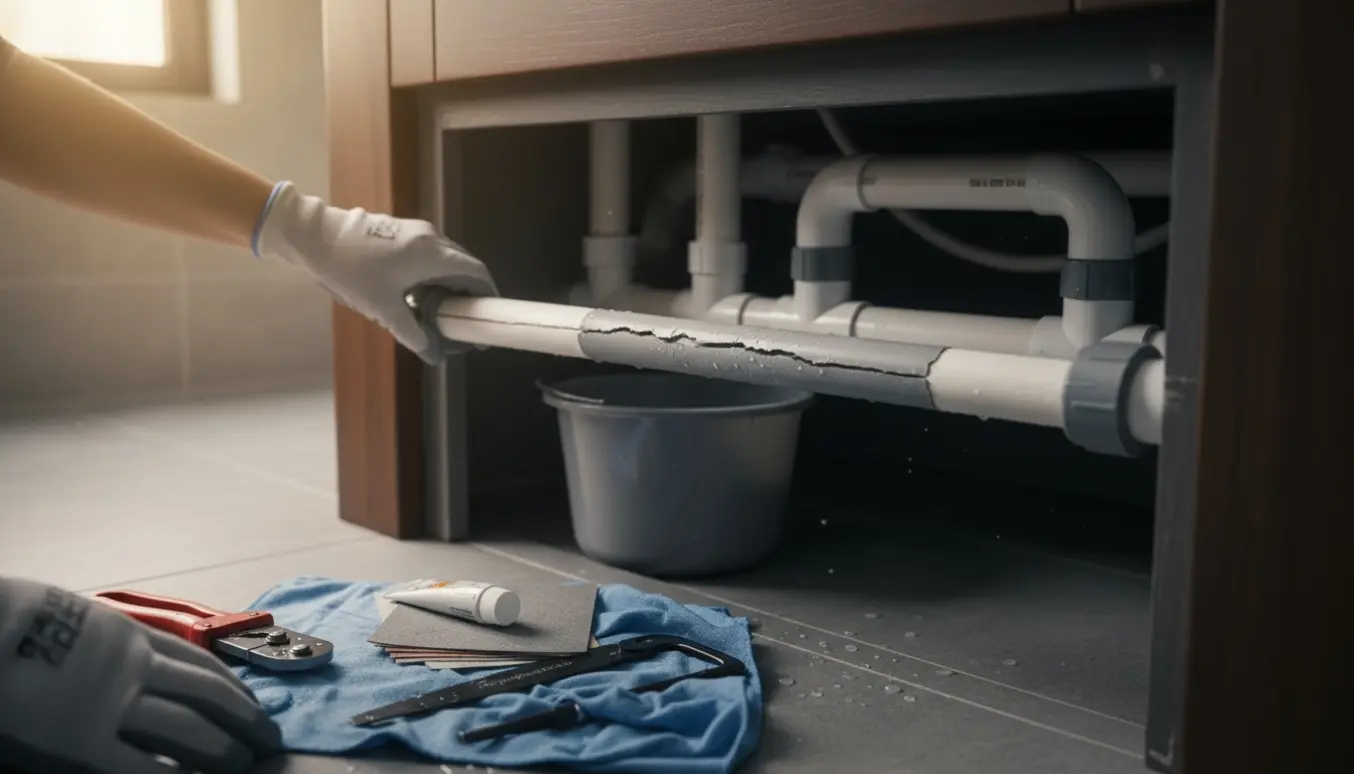 Nærbillede af hænder, der udskifter et revnet rørsnit under et indendørsspa med reservedele og værktøj.