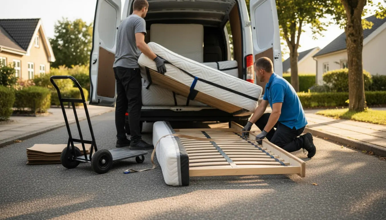 To flyttemedarbejdere læsser en indpakket 120 x 200 seng ind i en flyttebil i Kongens Lyngby.