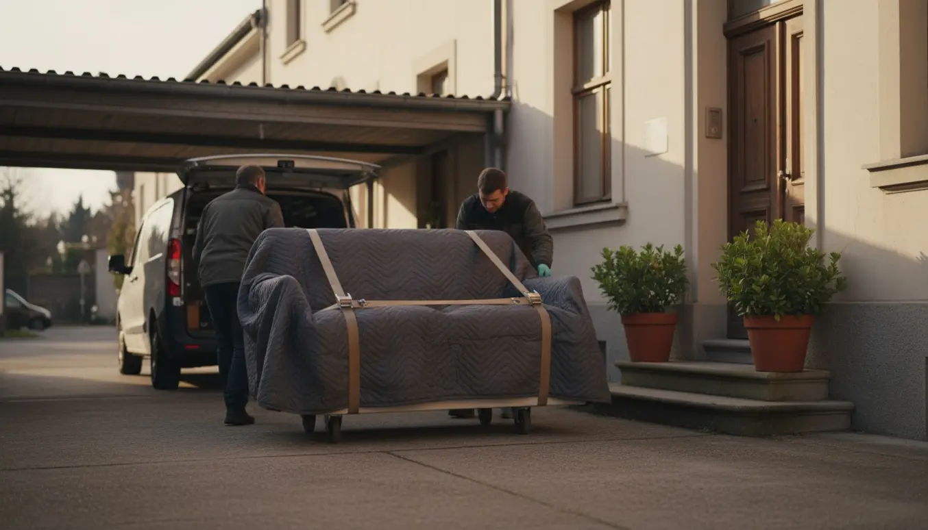 Sofa afhentes i carport og sættes foran hoveddøren på Brobergsgade.