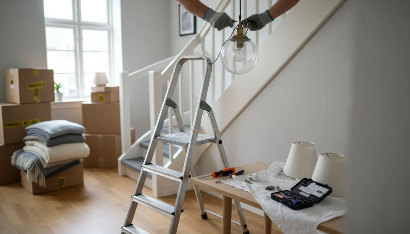 Hænder fjerner en loftslampe i et rækkehus med stige, værktøj og flyttekasser i baggrunden.