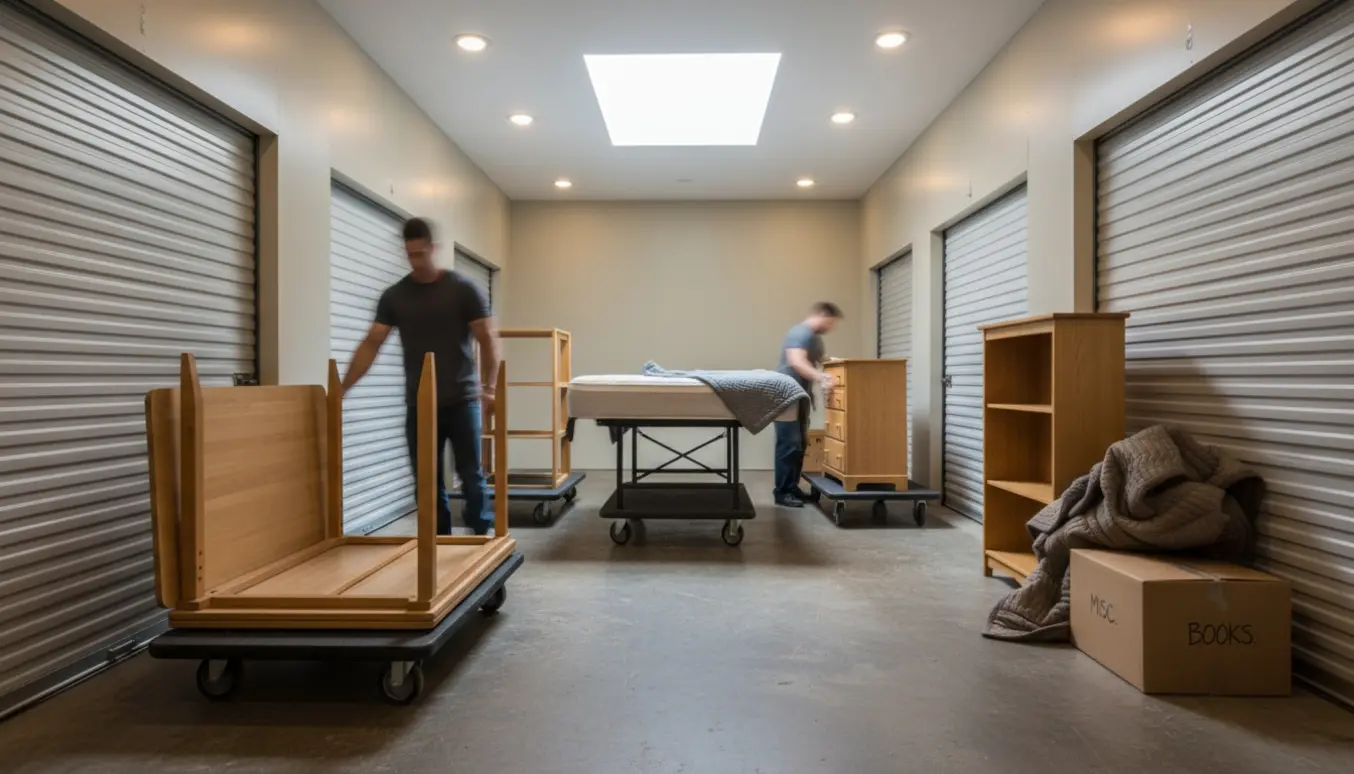 To personer flytter et spisebord, en seng, en lille reol og en lys kommode på rullevogne gennem en lys gang mellem to depotrum.