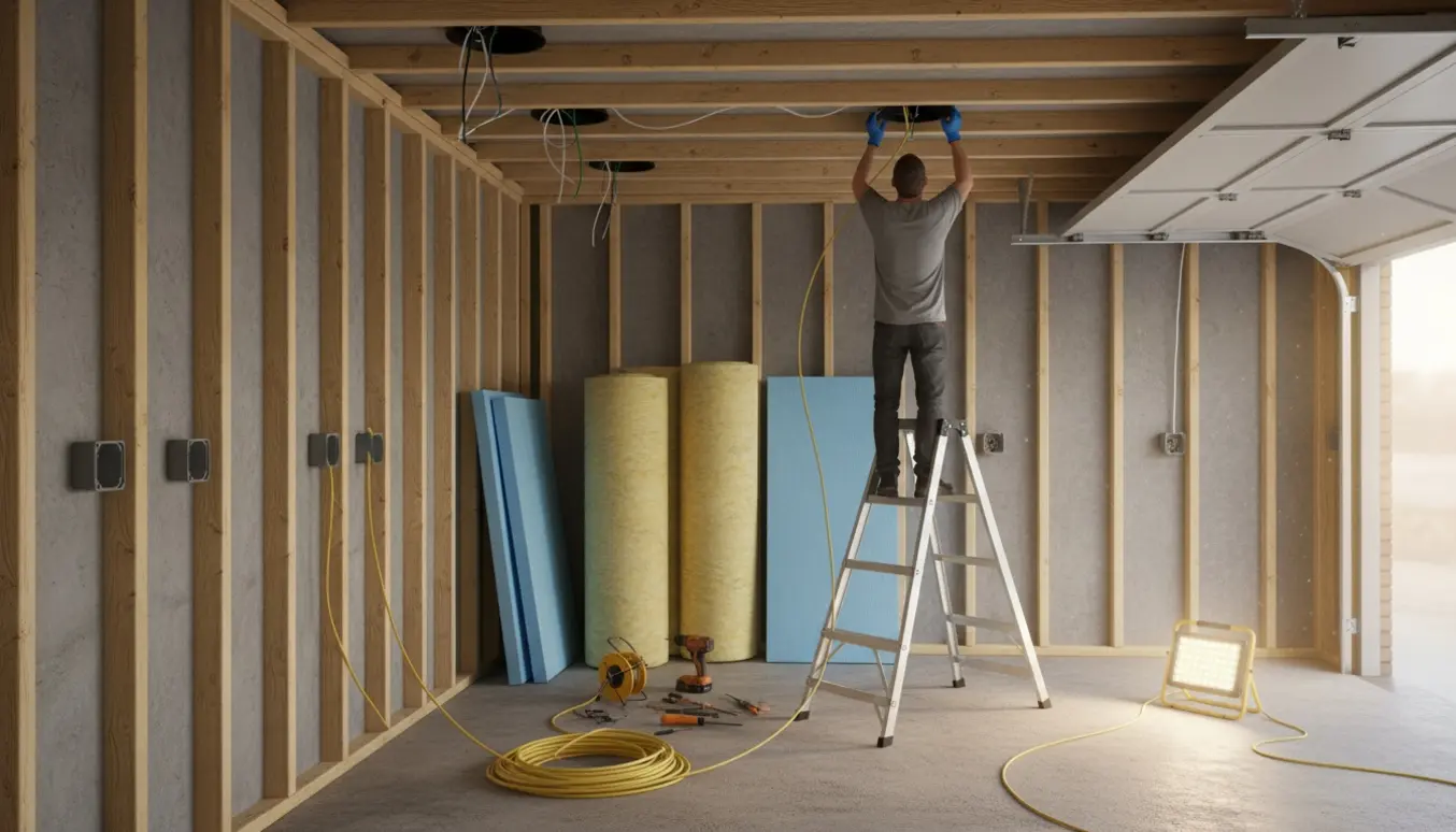 Eksponeret garage hvor hænder trækker ledninger til tre loftudtag og fire stikkontakter med isoleringsruller og værktøj i baggrunden.
