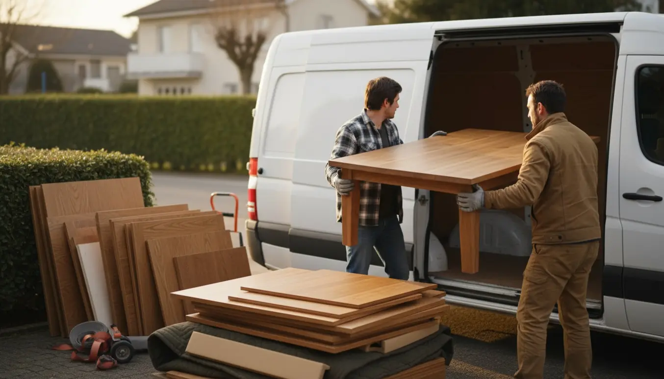 To personer løfter et stort træbord ind i bagagerummet på en hvid varevogn ved aftenslys.