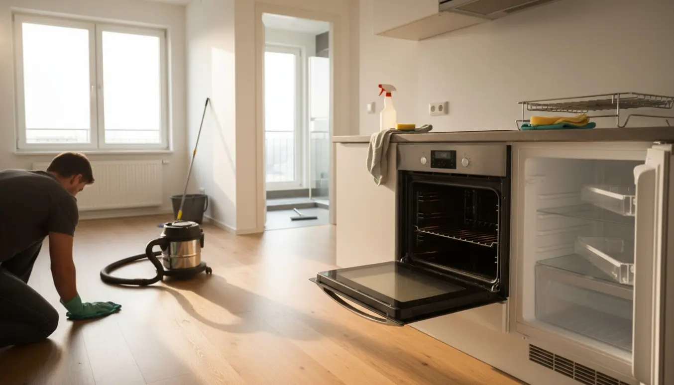 Hovedrengøring i en toværelses lejlighed med moppe, støvsuger og hænder der pudser paneler i et lyst køkken-alrum.