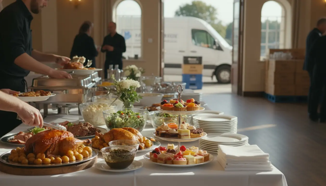 Et elegant buffetbord med forskellige kødretter, salater, kartofler og desserter, serveret af caterere uden synlige ansigter.