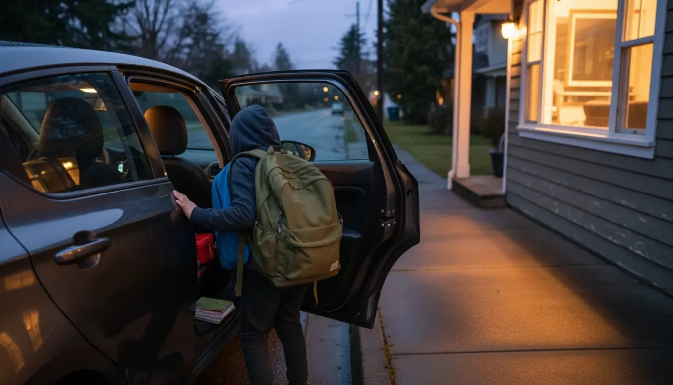 En bil holder uden for en vens hus i skumringen, en ung person træder ind med rygsæk.
