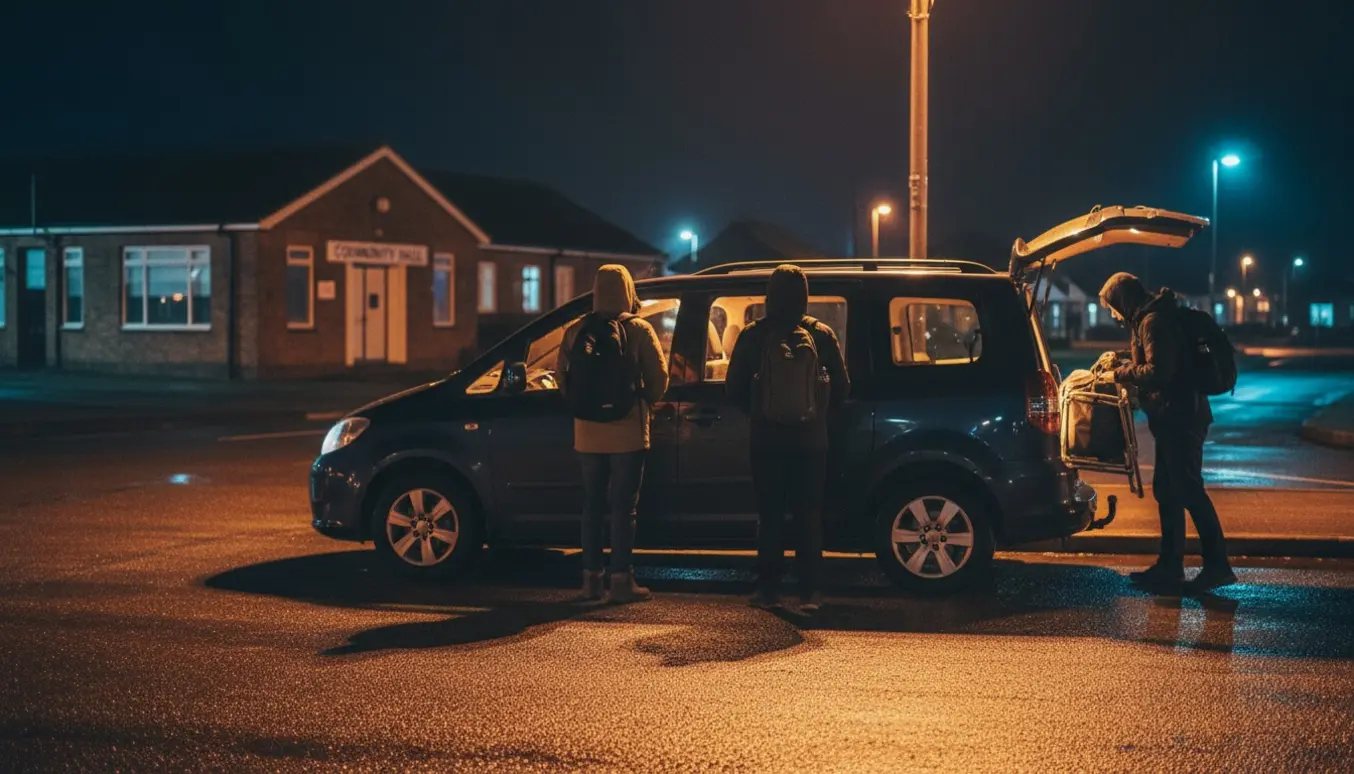 Minibus holder udenfor en skole om aftenen, folk med jakker og rygsække stiger ind på vej til forsamlingshuset.