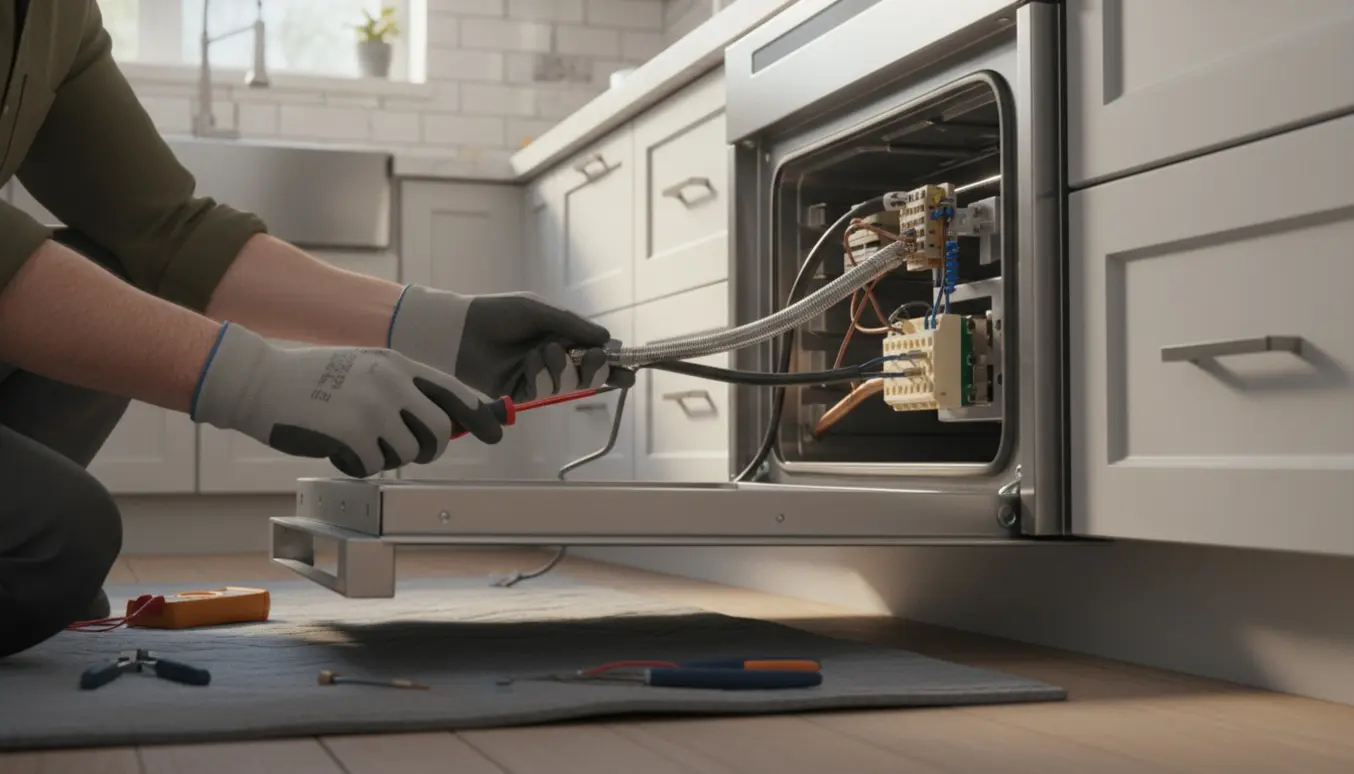 En tekniker tilslutter elektriske kabler til bagsiden af en ny indbygningsovn i et lyst køkken.