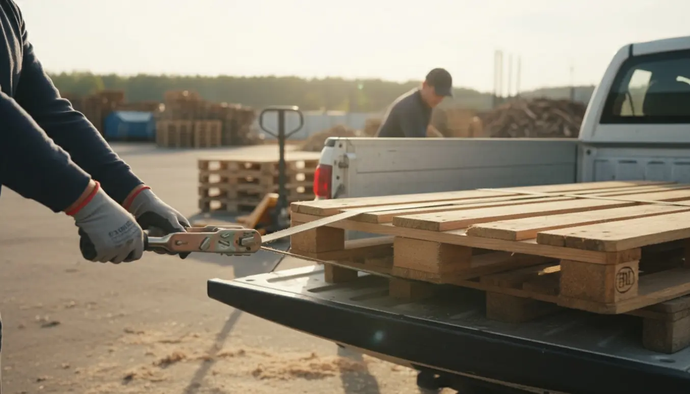 Handsker spænder en strop om træ og europaller ved en lastbil i en opsamlingsplads.