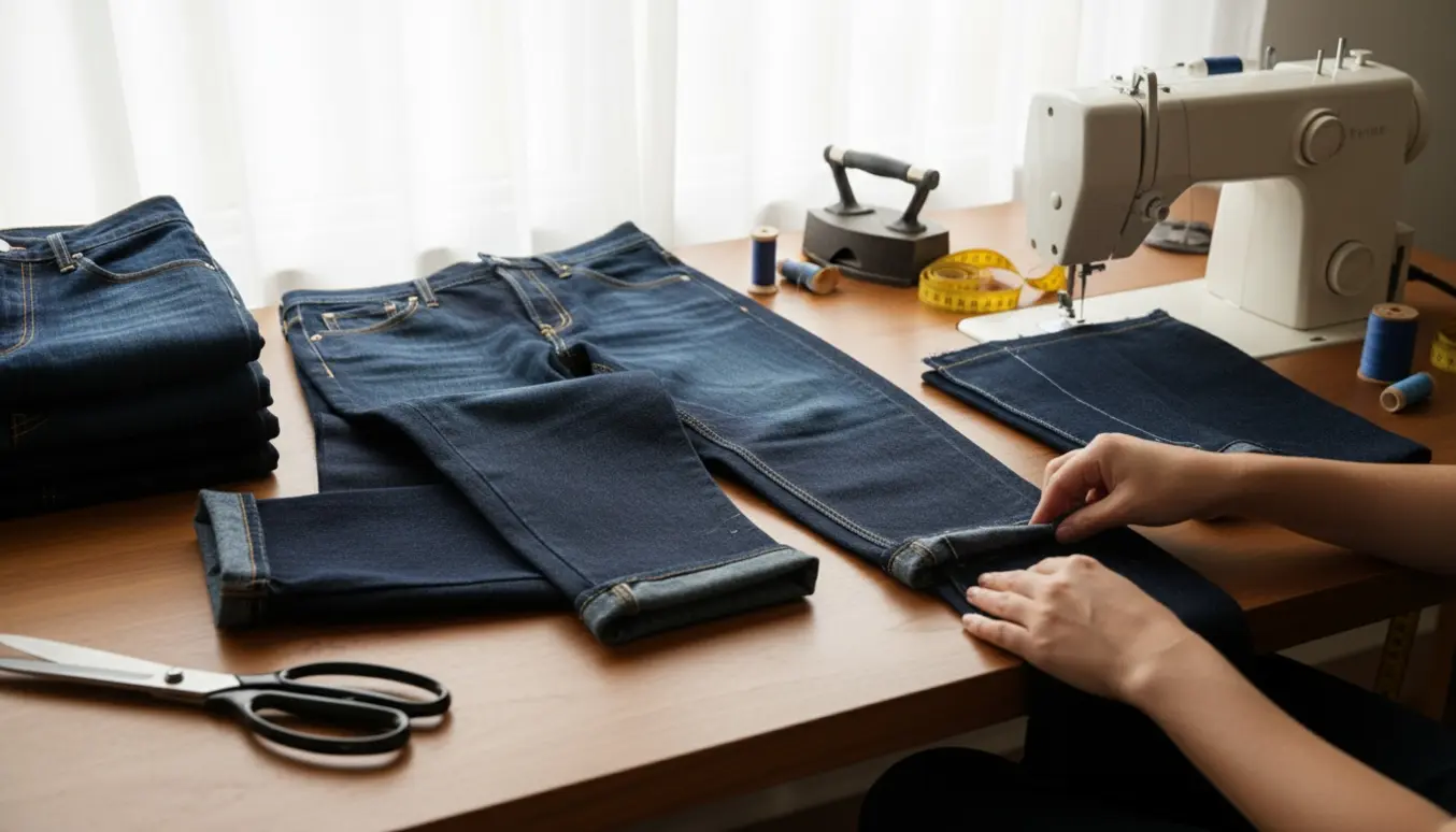 Hænder ved en symaskine lægger seks par jeans op på et lyst arbejdsbord.