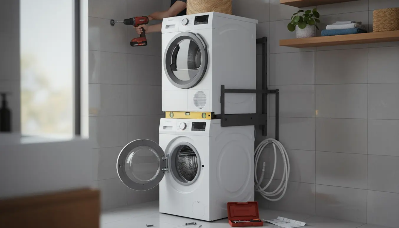 Montør fastgør en vaskemaskine og kondenstørretumbler som en stabil vaskesøjle i et moderne badeværelse.