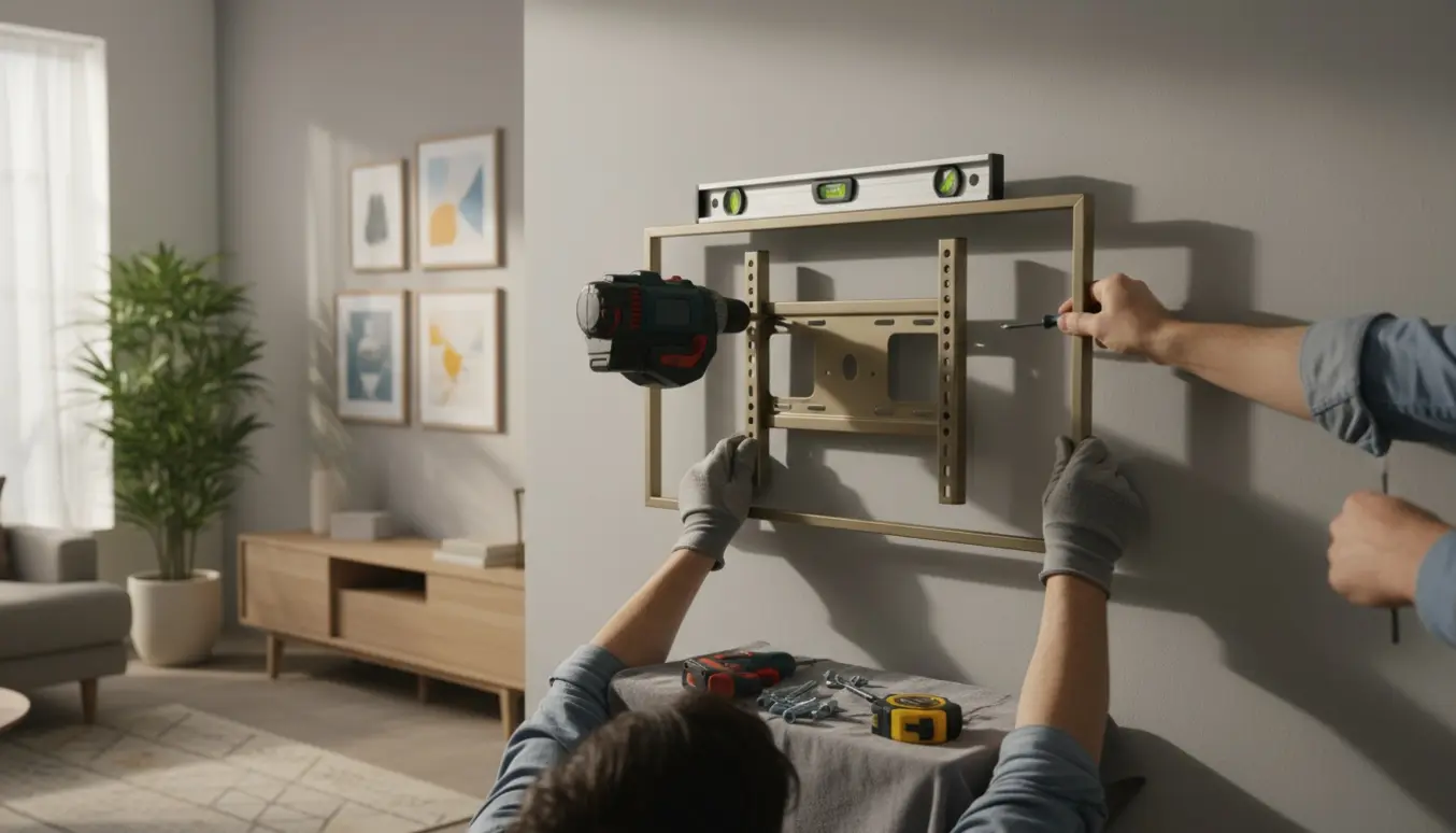 To hænder monterer et slankt, ramme-lignende TV på en væg i en moderne stue.