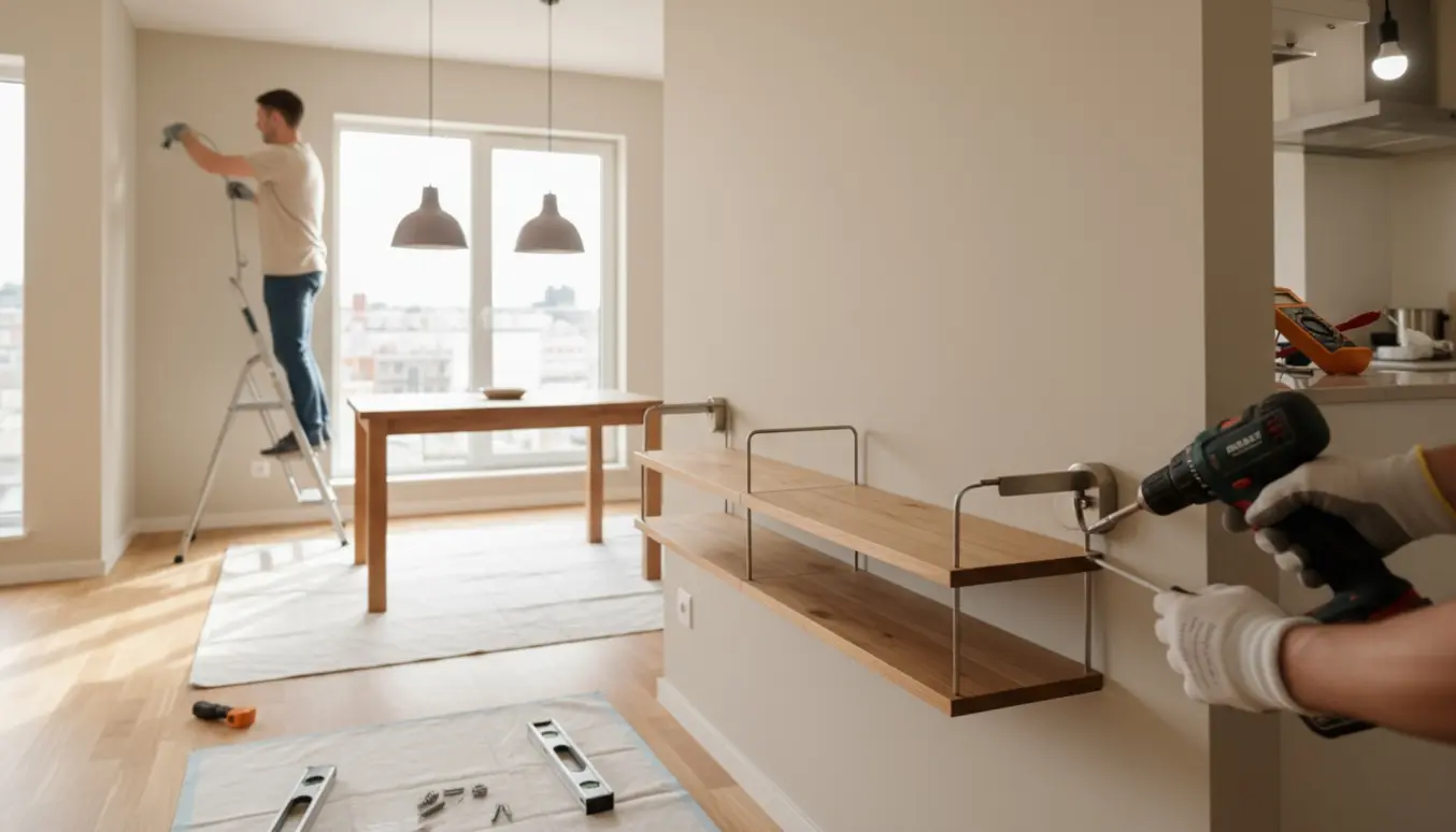 Montage af skohylde og væglamper på nymalede vægge med hævet pendel og reparation af emhattelys.