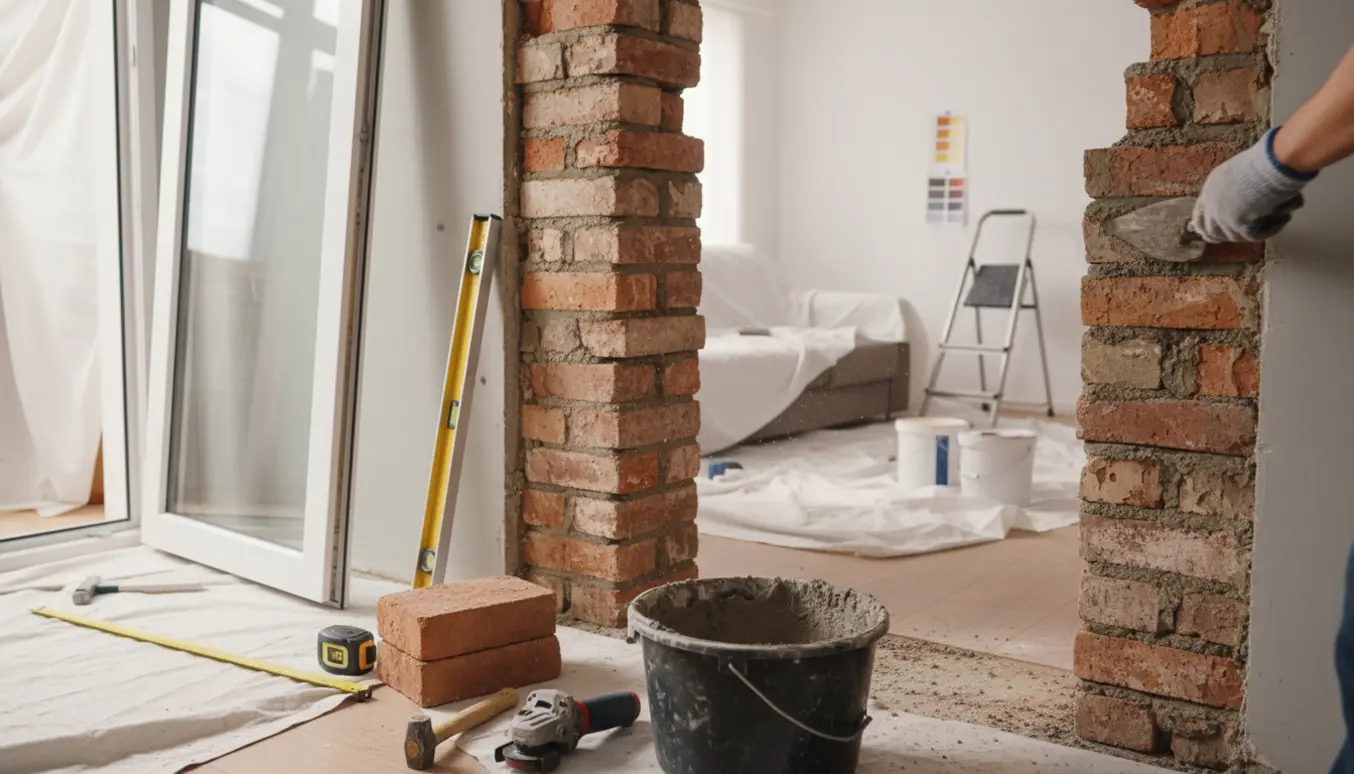 Ny, mindre terrassedør monteres med synligt murerarbejde og værktøj i en stue under renovering.