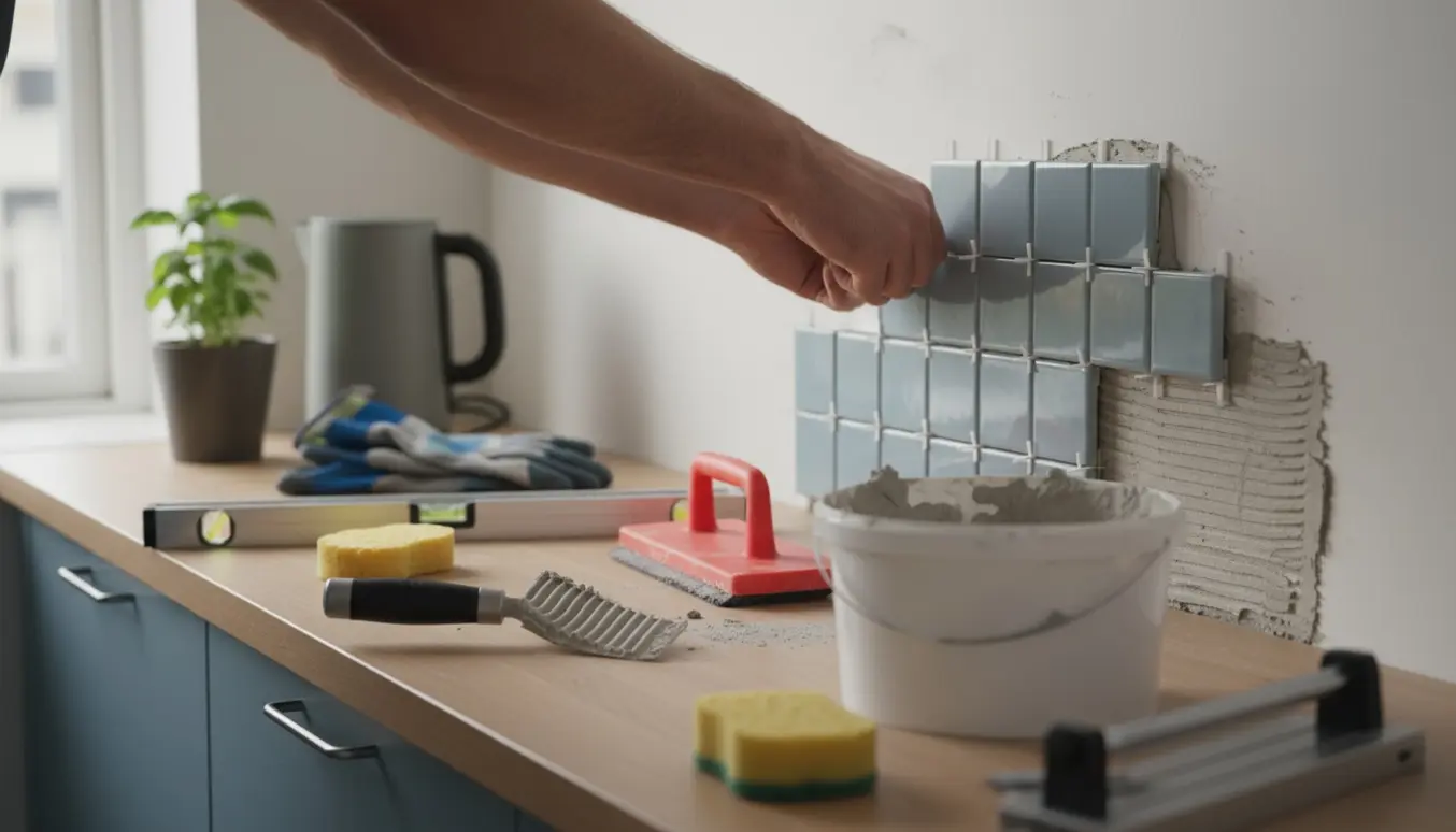 Hænder sætter små kvadratiske fliser op som bagbeklædning i et lyst køkken i København.