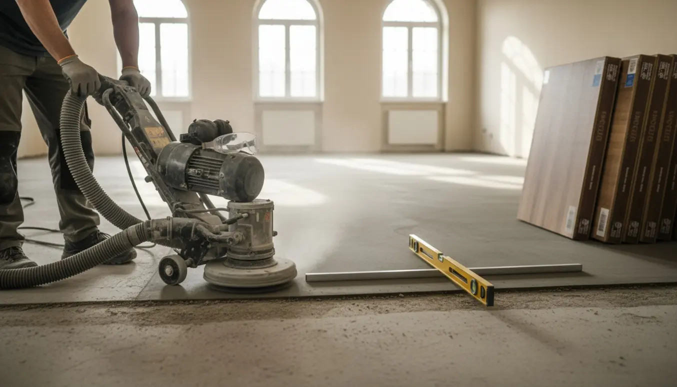 En gulvslibemaskine glatter en ujævn betongulv med en synlig forskel mellem slebet og uslebet område.