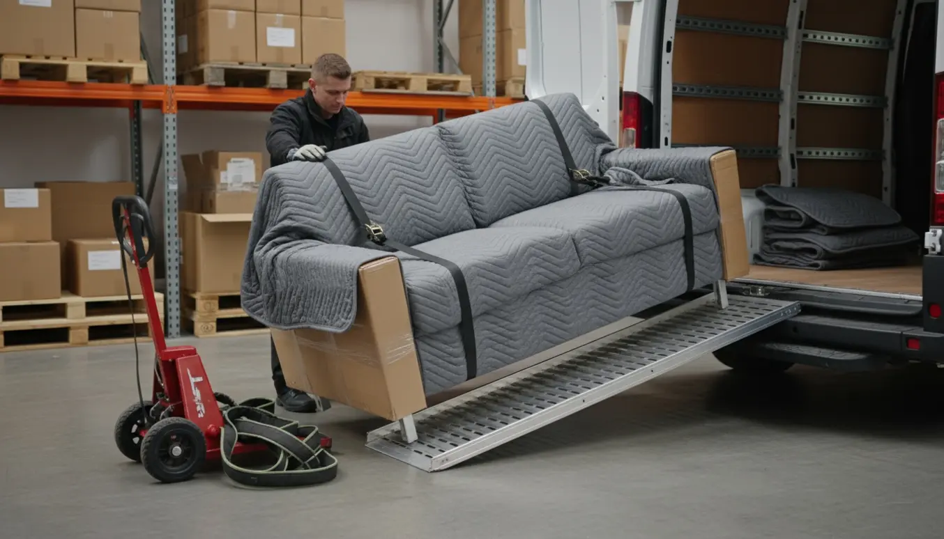 En to-personers sofa pakket i flytternet løftes op i en varevogn ved et lager.