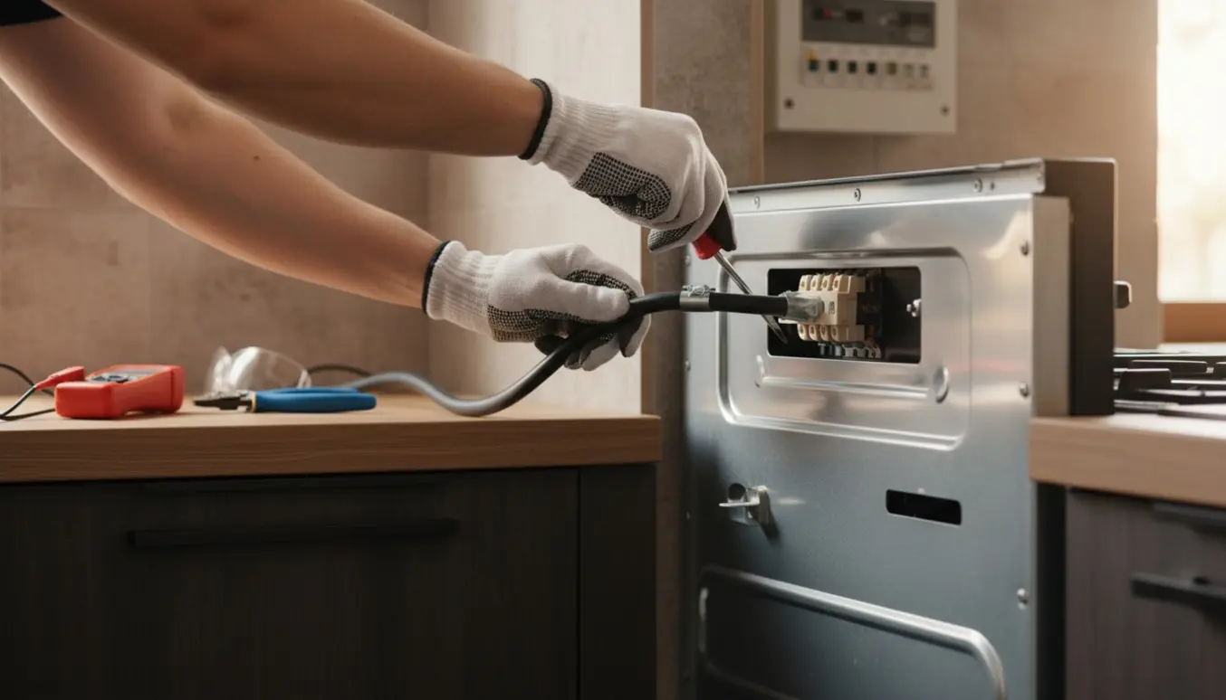 Hænder monterer en el-ledning på bagsiden af en ovn i et køkken.