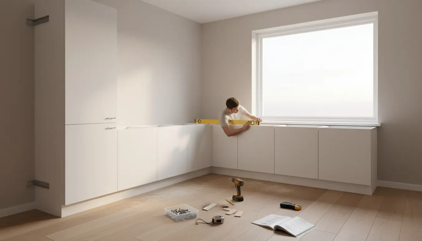 Lyst køkken med et samlet højskab, mellemskab og fem overskabe monteret som bænk, omgivet af værktøj.