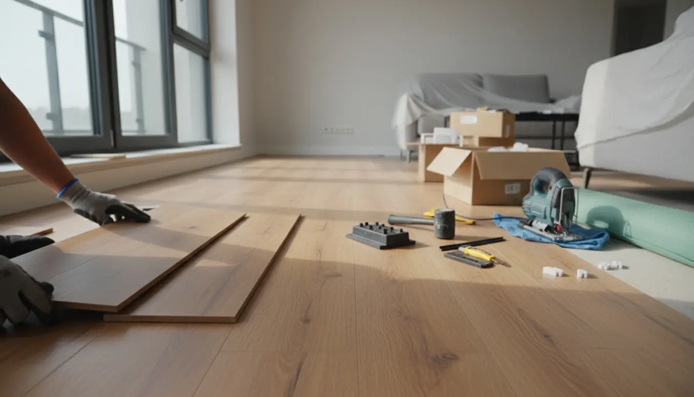 Delvist monteret vinyl klikgulv i en lejlighed med værktøj og naturligt dagslys.