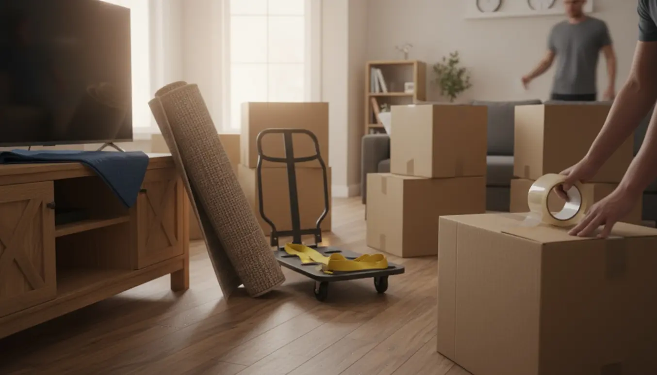 Stablet flyttekasser, et sammenrullet tæppe og et delvist indpakket TV-bord i en solbeskinnet stue.