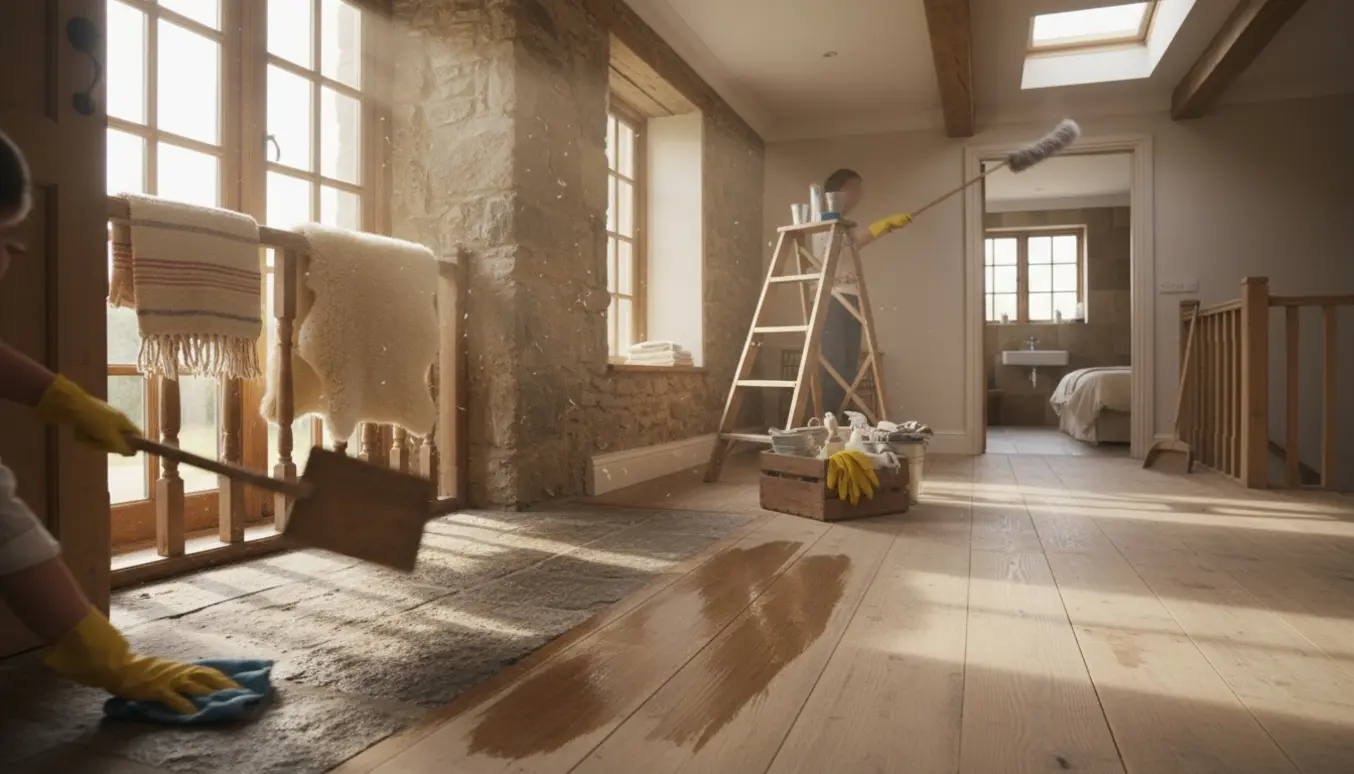 Rengøring i landhus med rå stengulve og ubehandlede trægulve, tæpper bankes og overflader pudses i sollys.