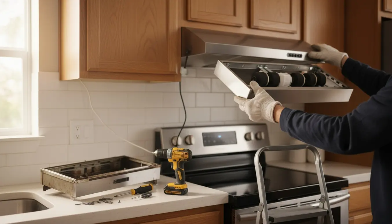 Hænder udskifter en indbygget emhætte med kulfilter i et moderne køkken.