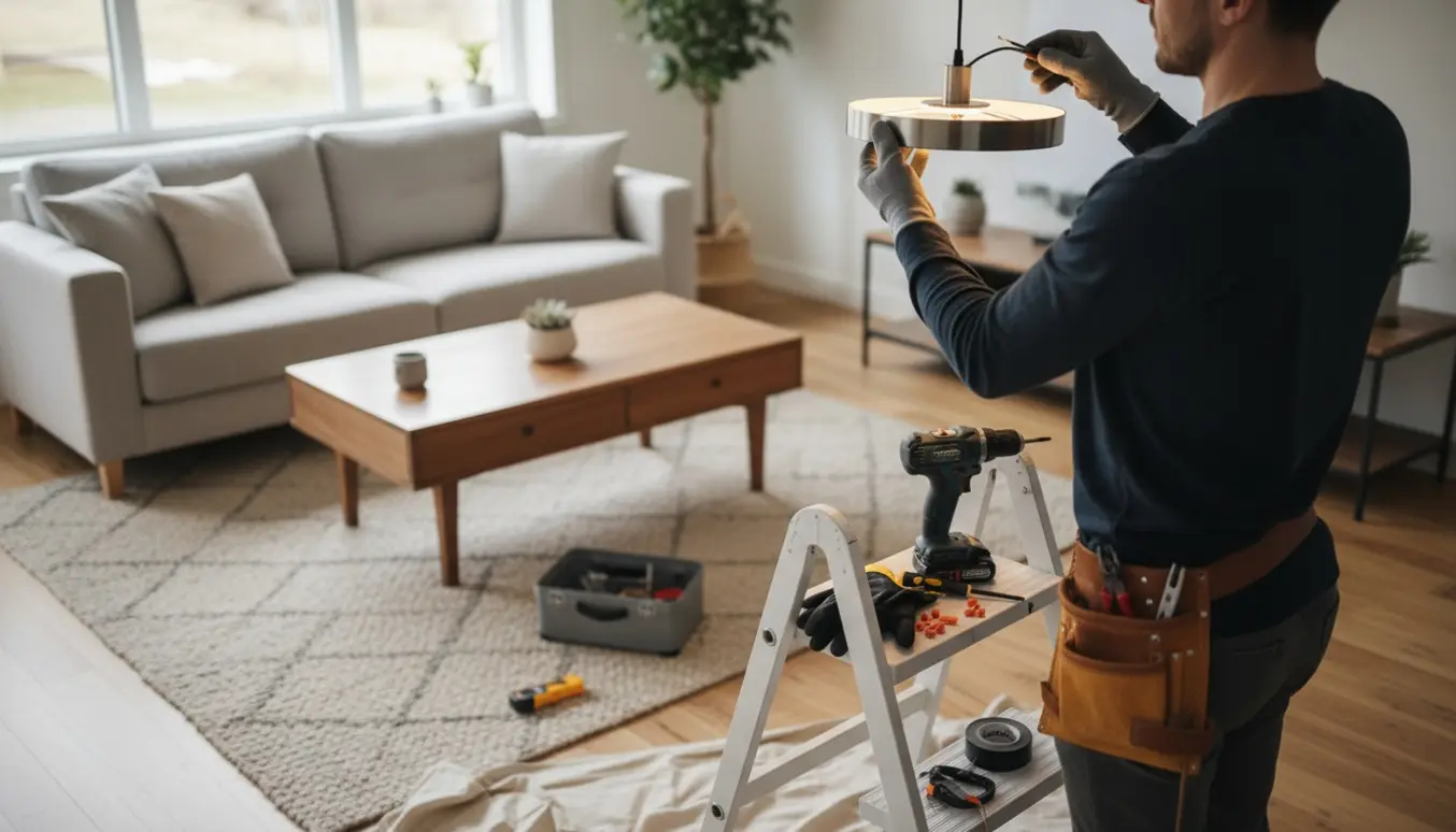 Person monterer en loftslampe i en stue fra en trappestige, med værktøj og materialer synlige.