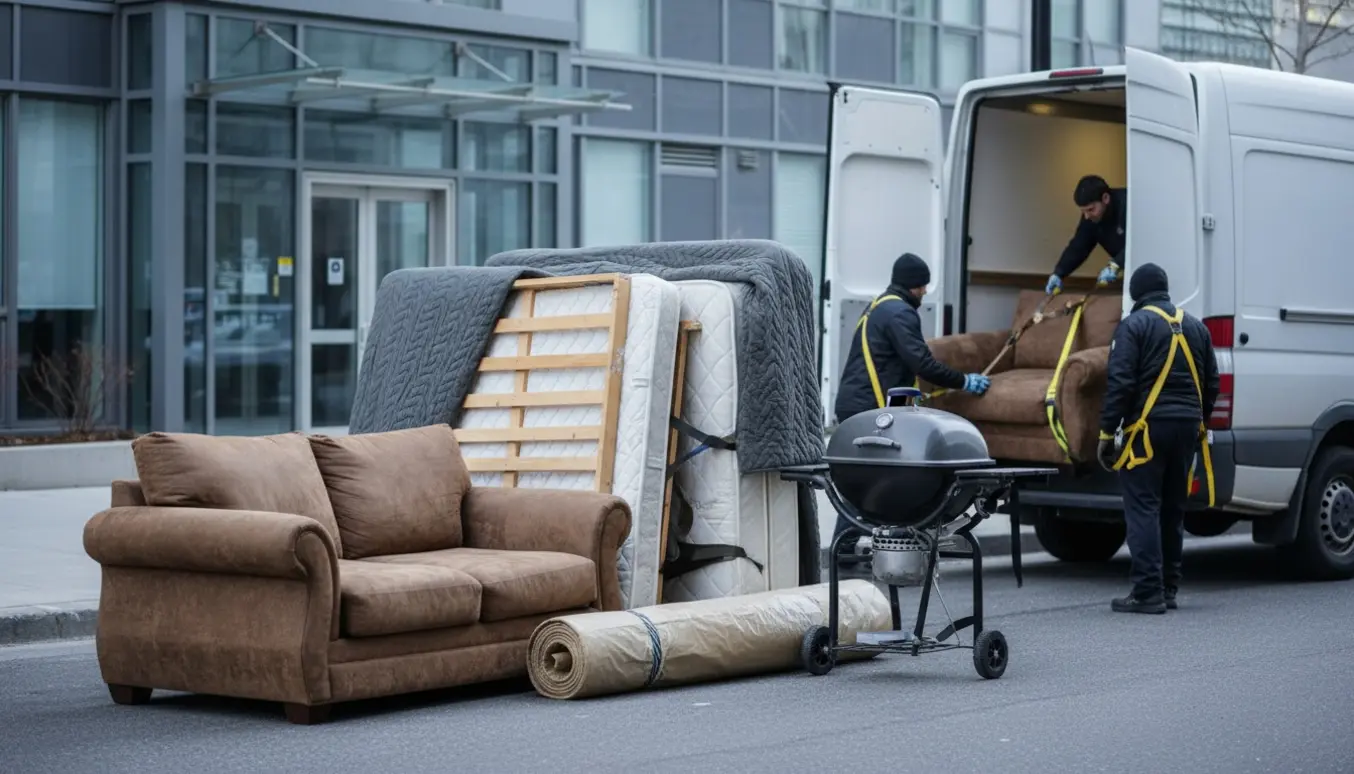 Flyttefolk læsser en delt sofa, seng, grill og rullet tæppe ind i en varevogn foran en lejlighed på en kølig morgen.