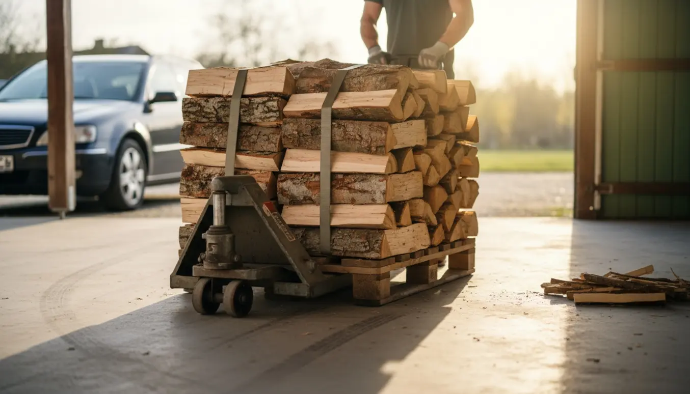 En palleløfter transporterer en tung europalle med stablet brænde ind i en carport.