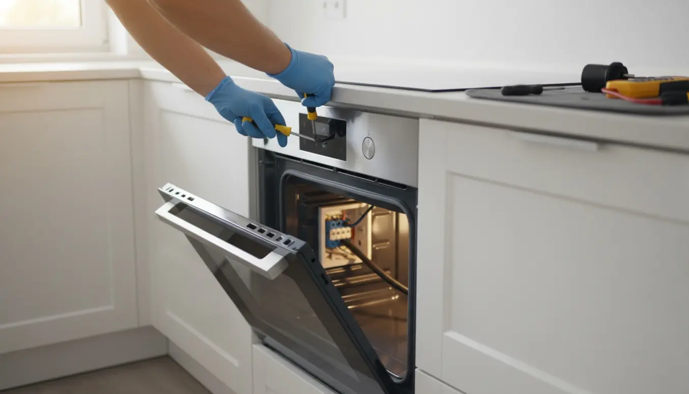 Nærbillede af installation af ny ovn og kogeplade med åben installationsdåse og elektrikerhænder.