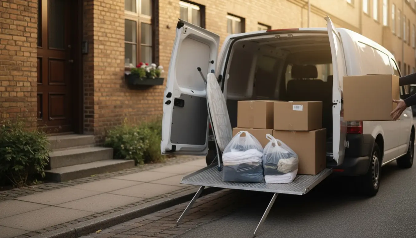 Åben flyttebil ved indgang med to plastikposer med tøj, fire små kasser og et sammenklappet strygebræt.