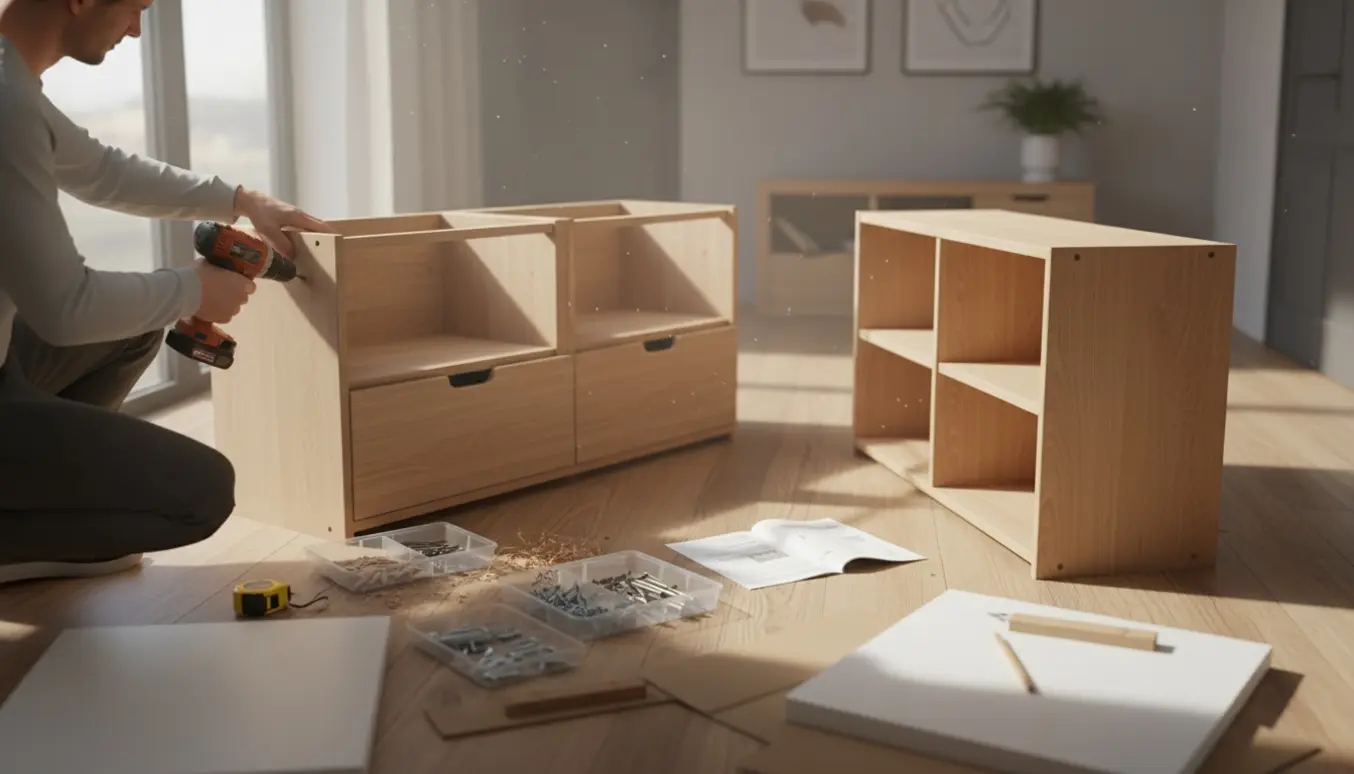 Delvist samlet kommode og skoskab på gulvet med værktøj og åbne instruktioner i et lyst hjem.