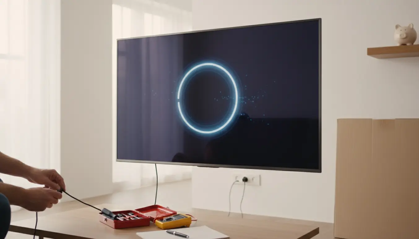 Hænder trækker strømstikket til et fladskærms-tv i opstartsloop med reparationsværktøj og emballage i baggrunden.