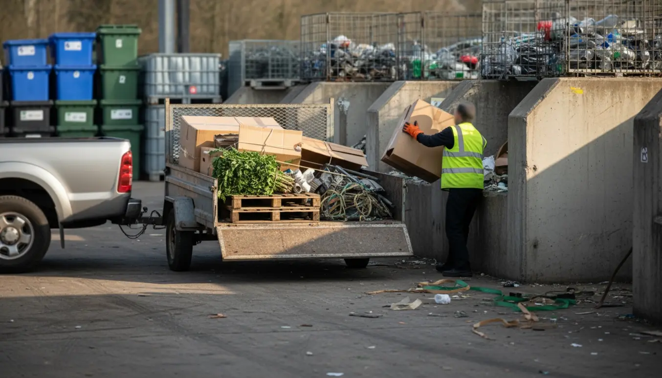 En åben trailer tømmes på en genbrugsplads, med en person set bagfra, handsker og klikpakkede kasser på ladet.