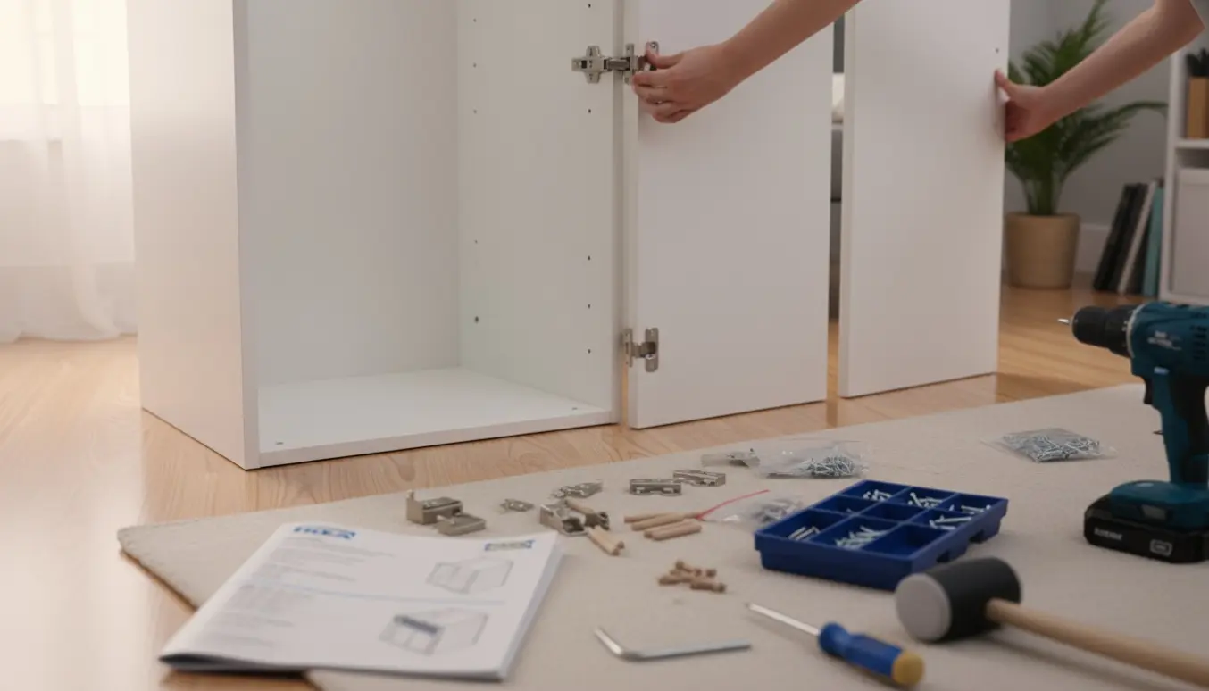 Delvist samlet IKEA KLEPPSTAD skab med to døre, værktøj og beslag på trægulvet.